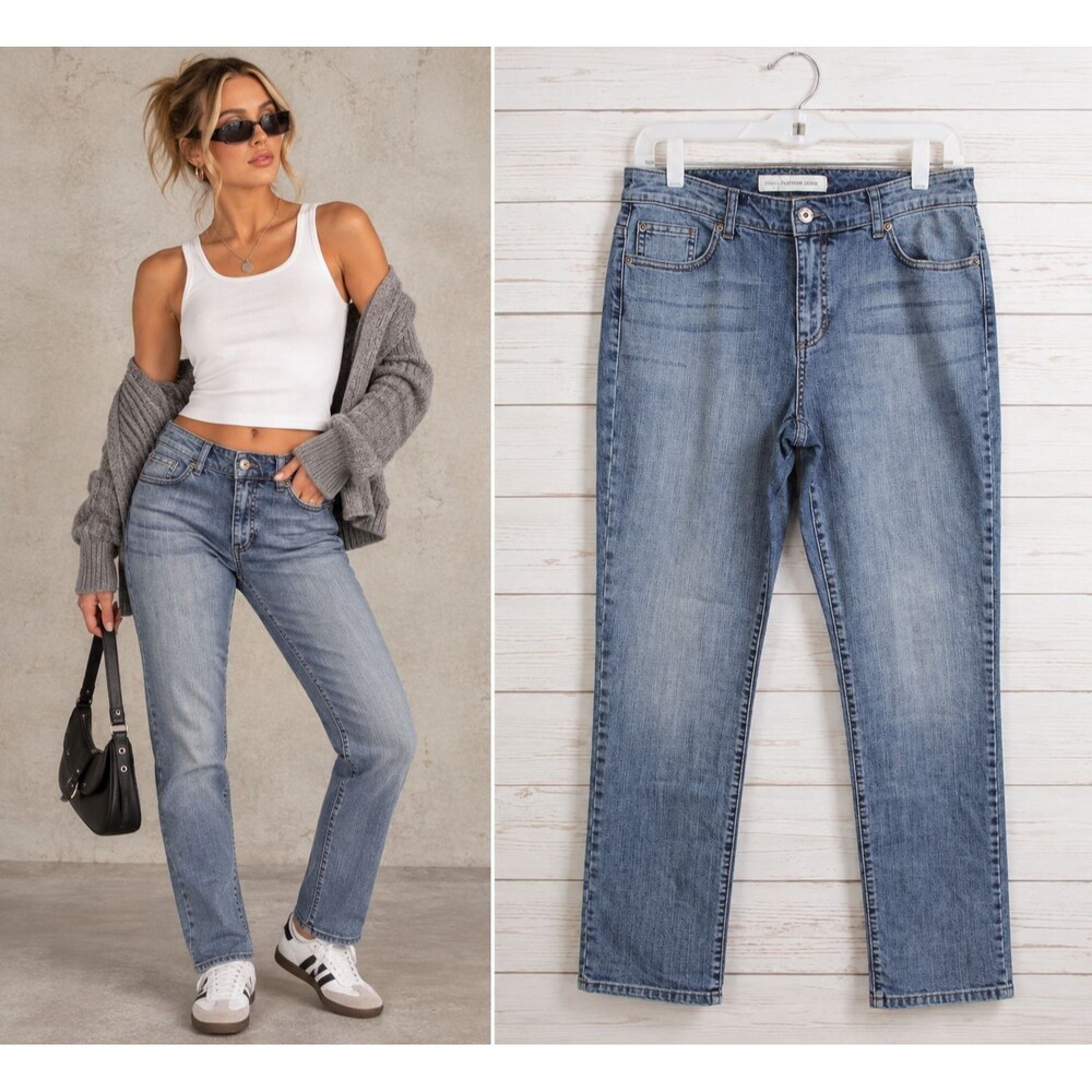 New Chicos Platinum Denim Regular Slim Leg Jeans Size M True Blue Wash Stretch